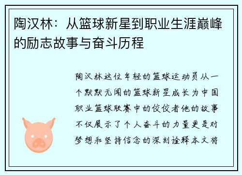 陶汉林：从篮球新星到职业生涯巅峰的励志故事与奋斗历程